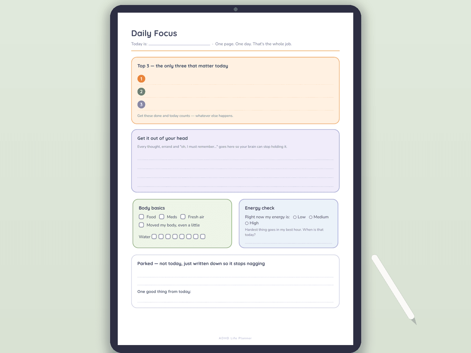 ADHD Life Planner — Undated Printable Planner for ADHD Brains (Daily Focus, Brain Dump, Task Breakdown, Dopamine Menu) — A4 & US Letter PDF preview 3